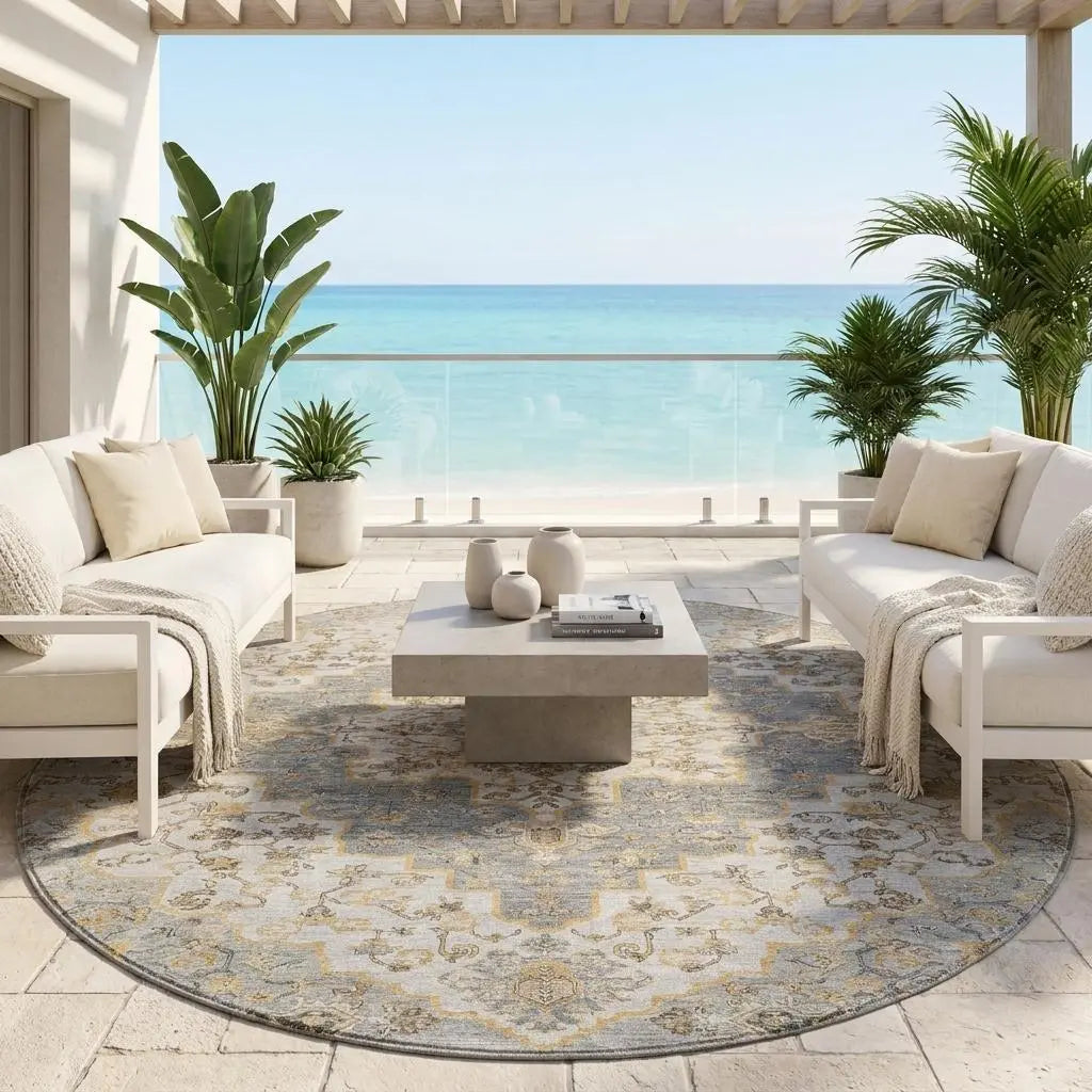 8' Silver And Gray Round Medallion Washable Indoor Outdoor Area Rug Homeroots Outdoor