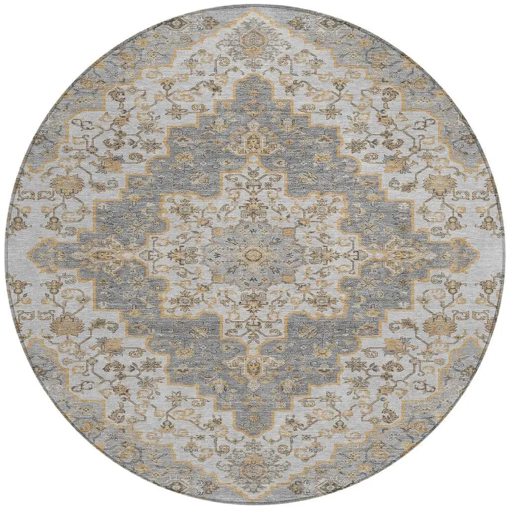 8' Silver And Gray Round Medallion Washable Indoor Outdoor Area Rug Homeroots Outdoor