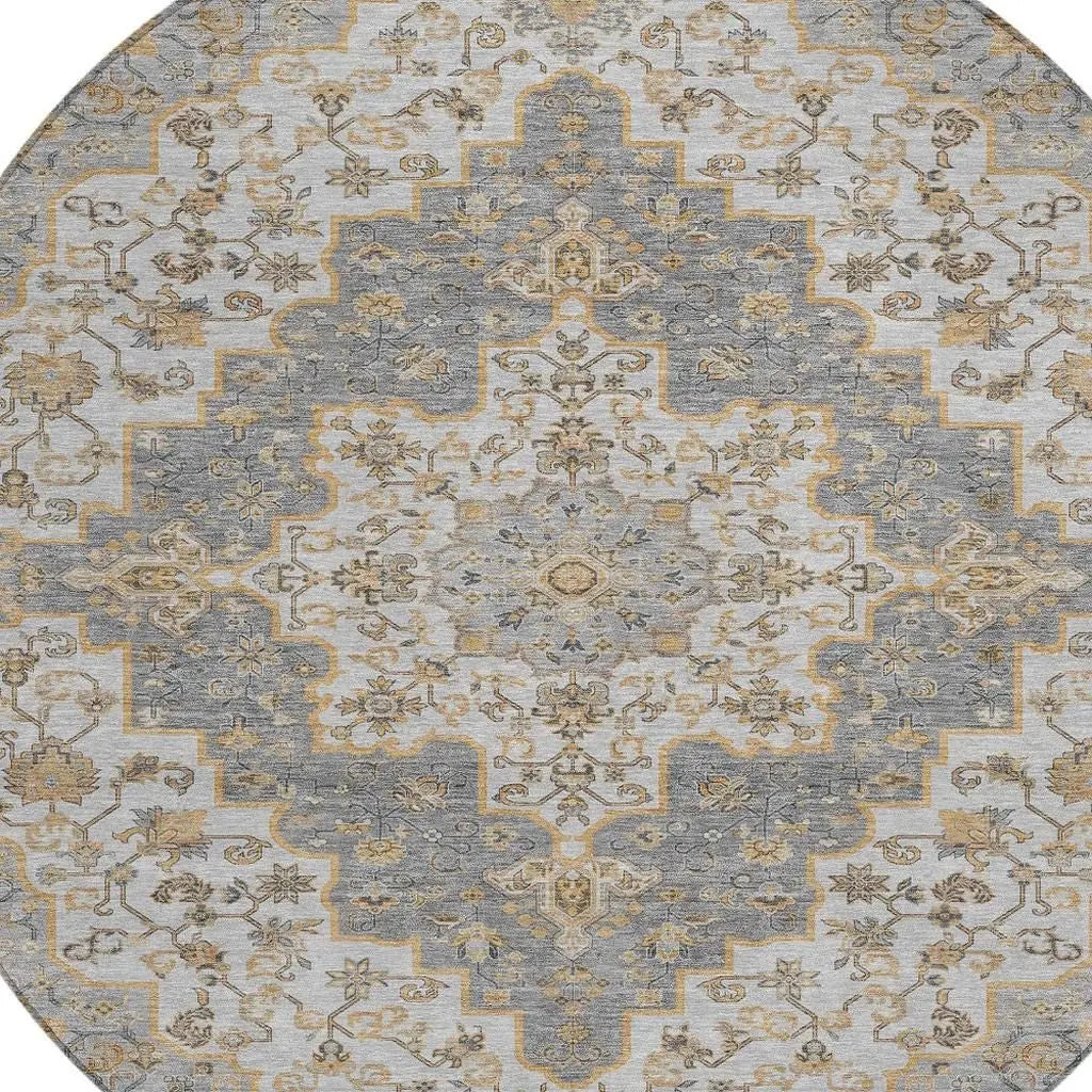 8' Silver And Gray Round Medallion Washable Indoor Outdoor Area Rug Homeroots Outdoor