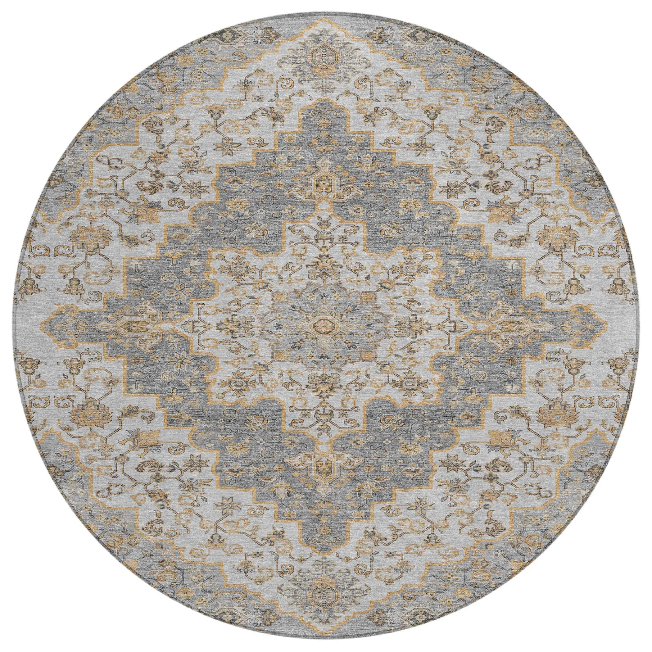 8' Silver And Gray Round Medallion Washable Indoor Outdoor Area Rug Homeroots Outdoor