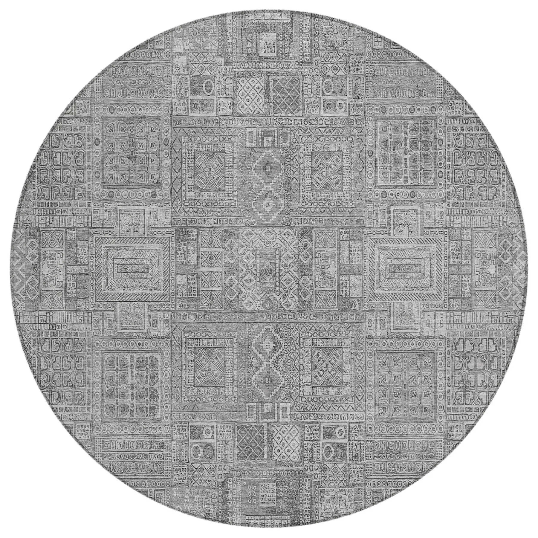 8' Silver And Gray Round Oriental Washable Indoor Outdoor Area Rug Homeroots Outdoor