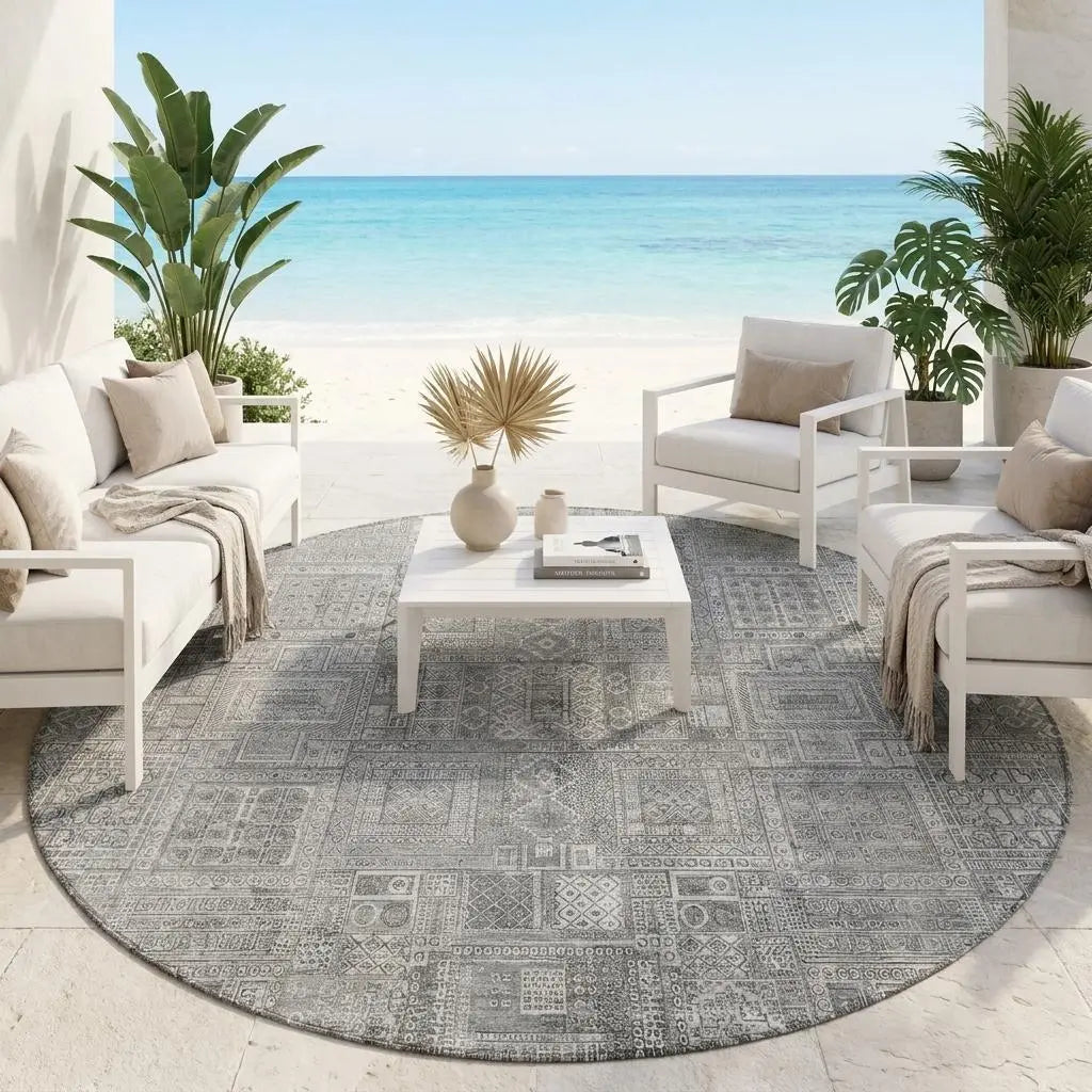 8' Silver And Gray Round Oriental Washable Indoor Outdoor Area Rug Homeroots Outdoor