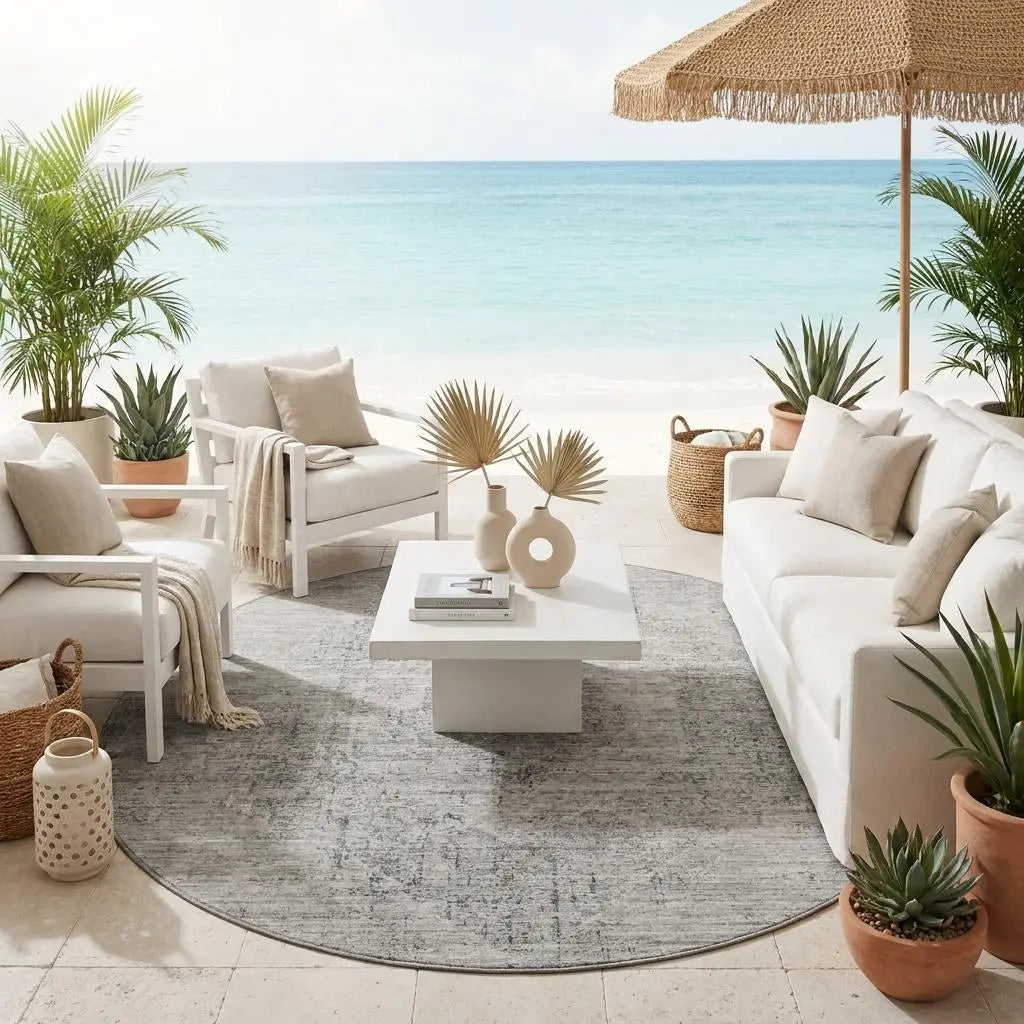 8' Silver And Gray Round Oriental Washable Indoor Outdoor Area Rug Homeroots Outdoor