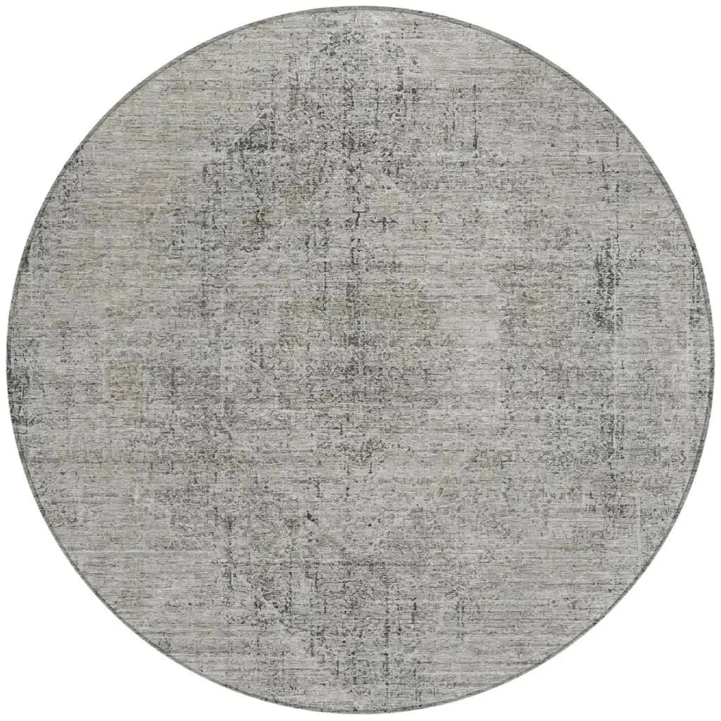 8' Silver And Gray Round Oriental Washable Indoor Outdoor Area Rug Homeroots Outdoor