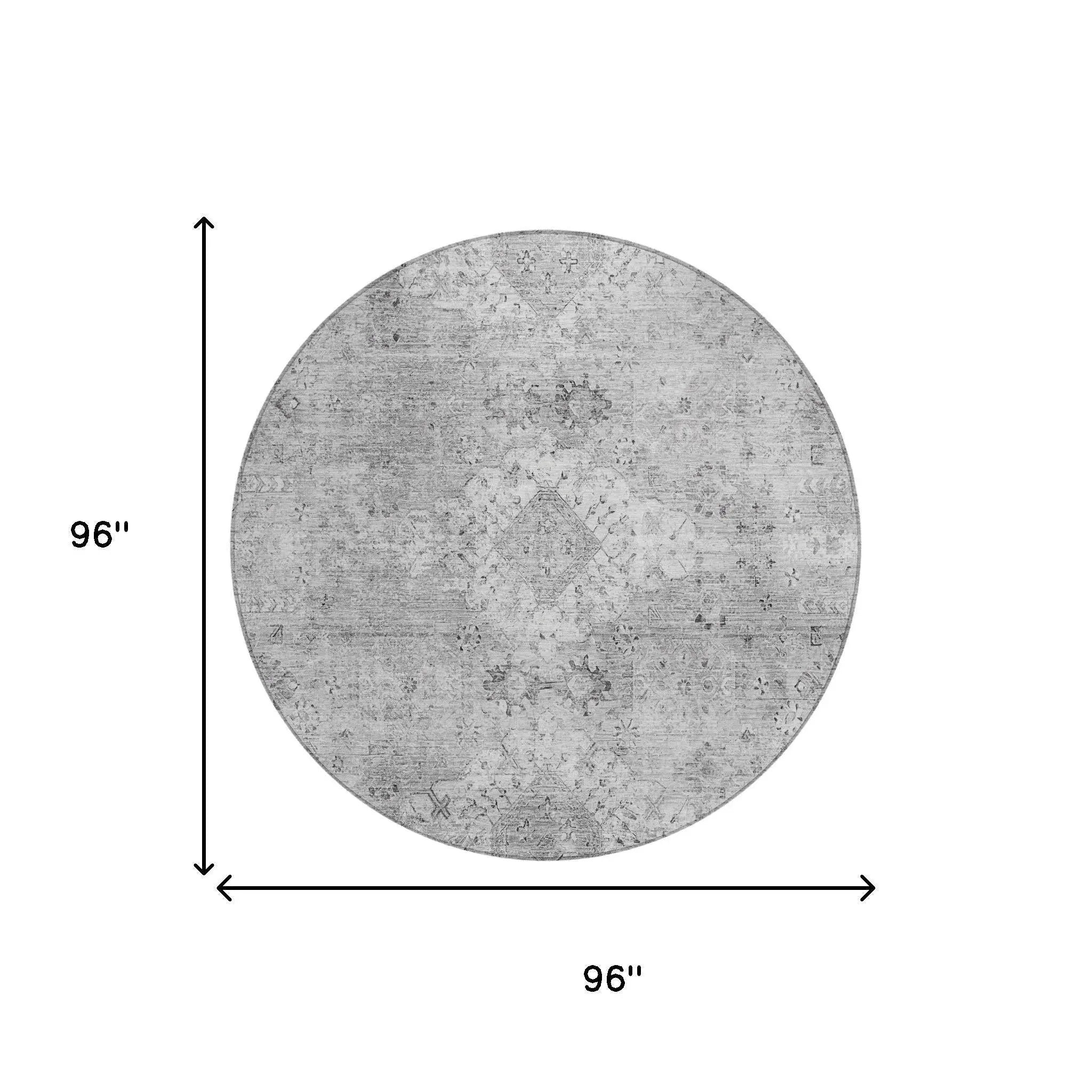 Gray circular area rug, 96 inches, featuring a textured, vintage-inspired design in a soft, neutral palette.