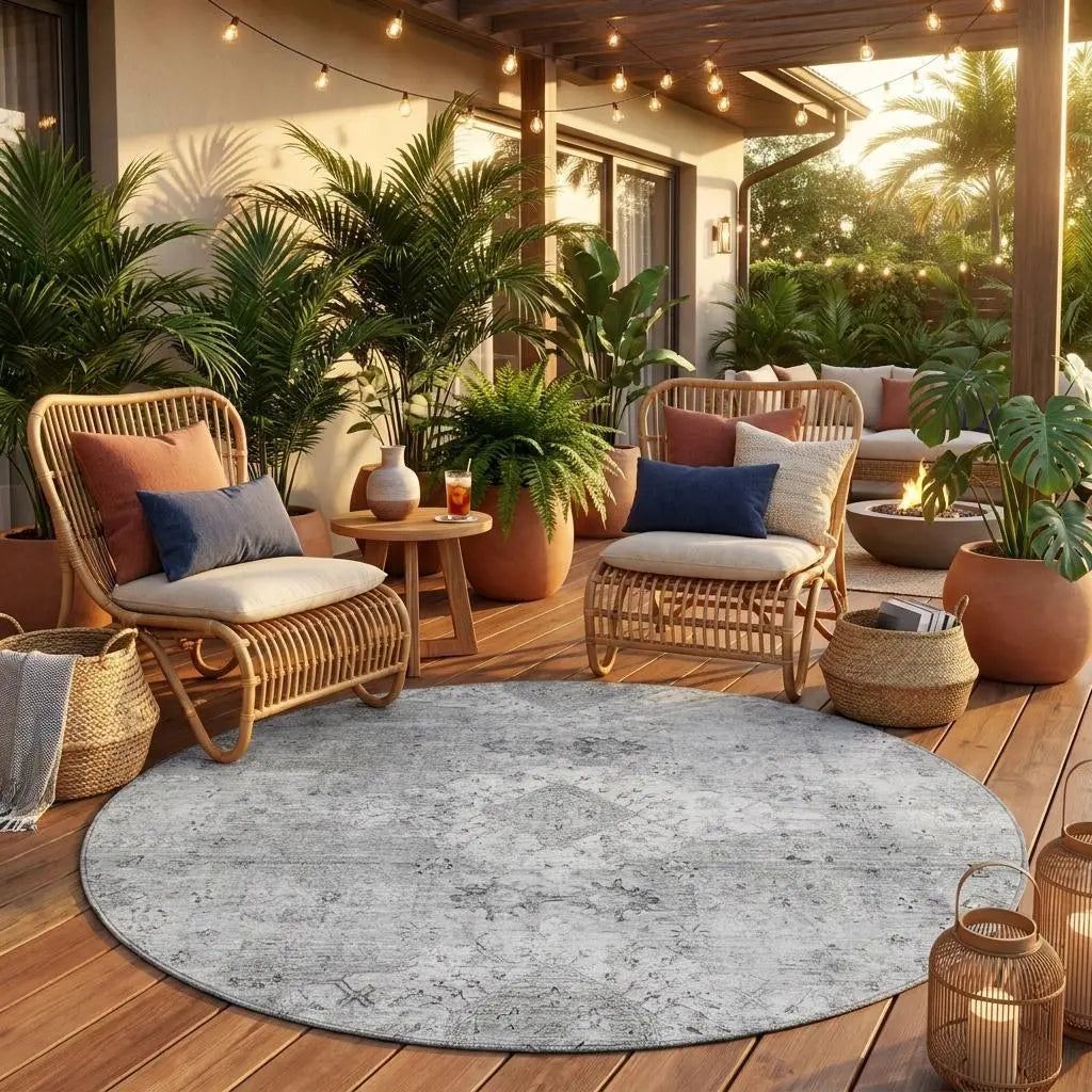 Round gray area rug with a textured pattern, perfect for outdoor patios, surrounded by rattan chairs and greenery.
