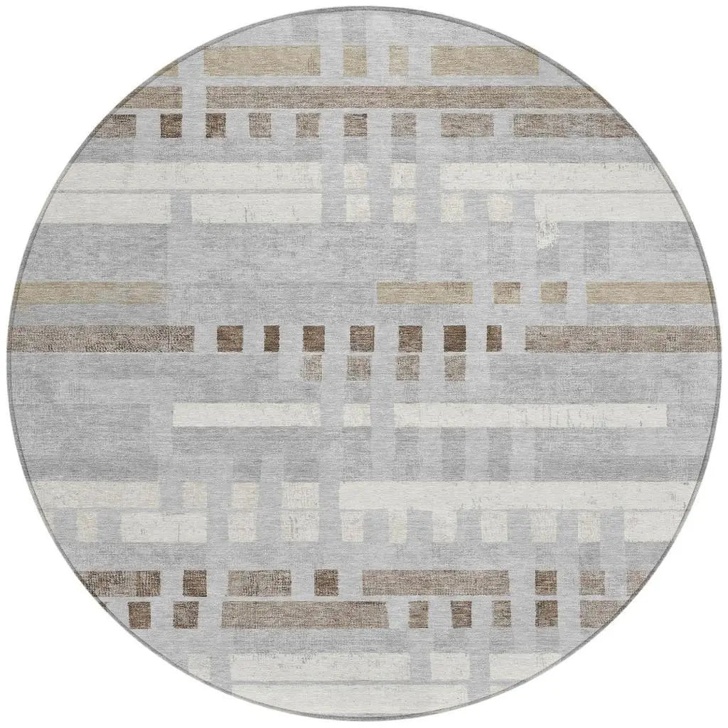 8' Silver And Gray Round Striped Washable Indoor Outdoor Area Rug Homeroots Outdoor