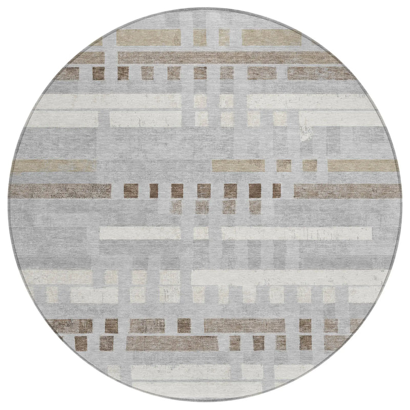 8' Silver And Gray Round Striped Washable Indoor Outdoor Area Rug Homeroots Outdoor