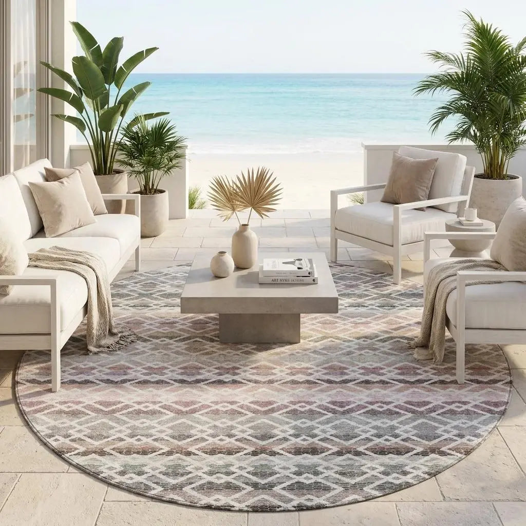 8' Silver And Gray Round Striped Washable Indoor Outdoor Area Rug Homeroots Outdoor