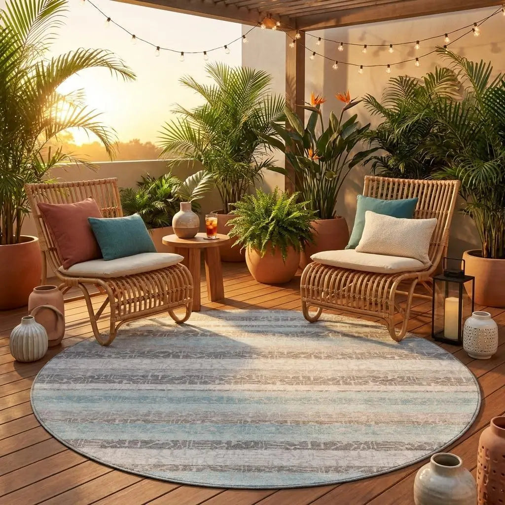 8' Silver And Gray Round Striped Washable Indoor Outdoor Area Rug Homeroots Outdoor