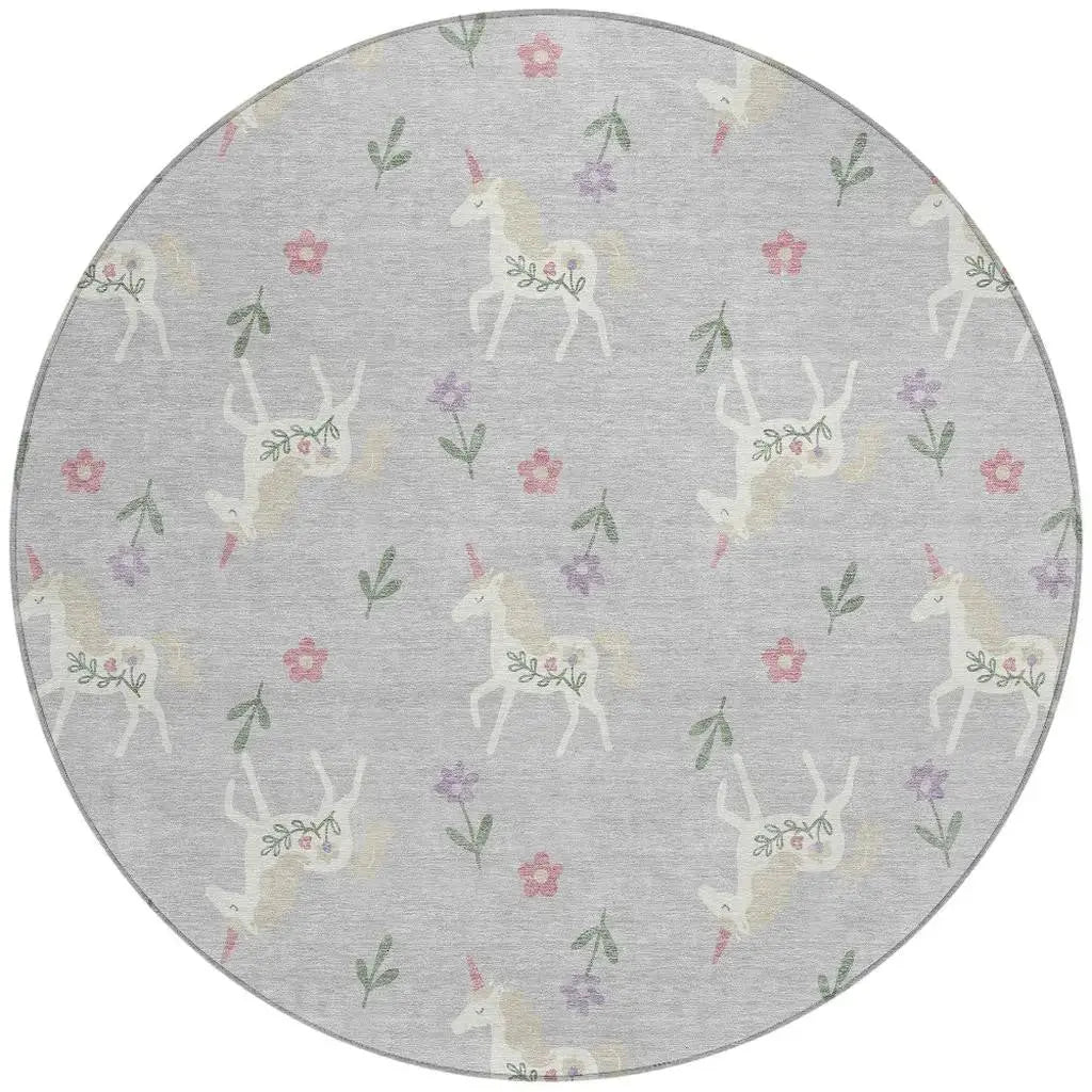 8' Silver And Ivory Round Floral Washable Indoor Outdoor Area Rug Homeroots Outdoor
