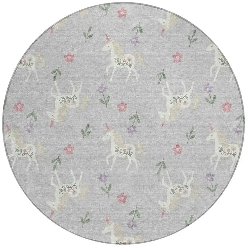 8' Silver And Ivory Round Floral Washable Indoor Outdoor Area Rug Homeroots Outdoor