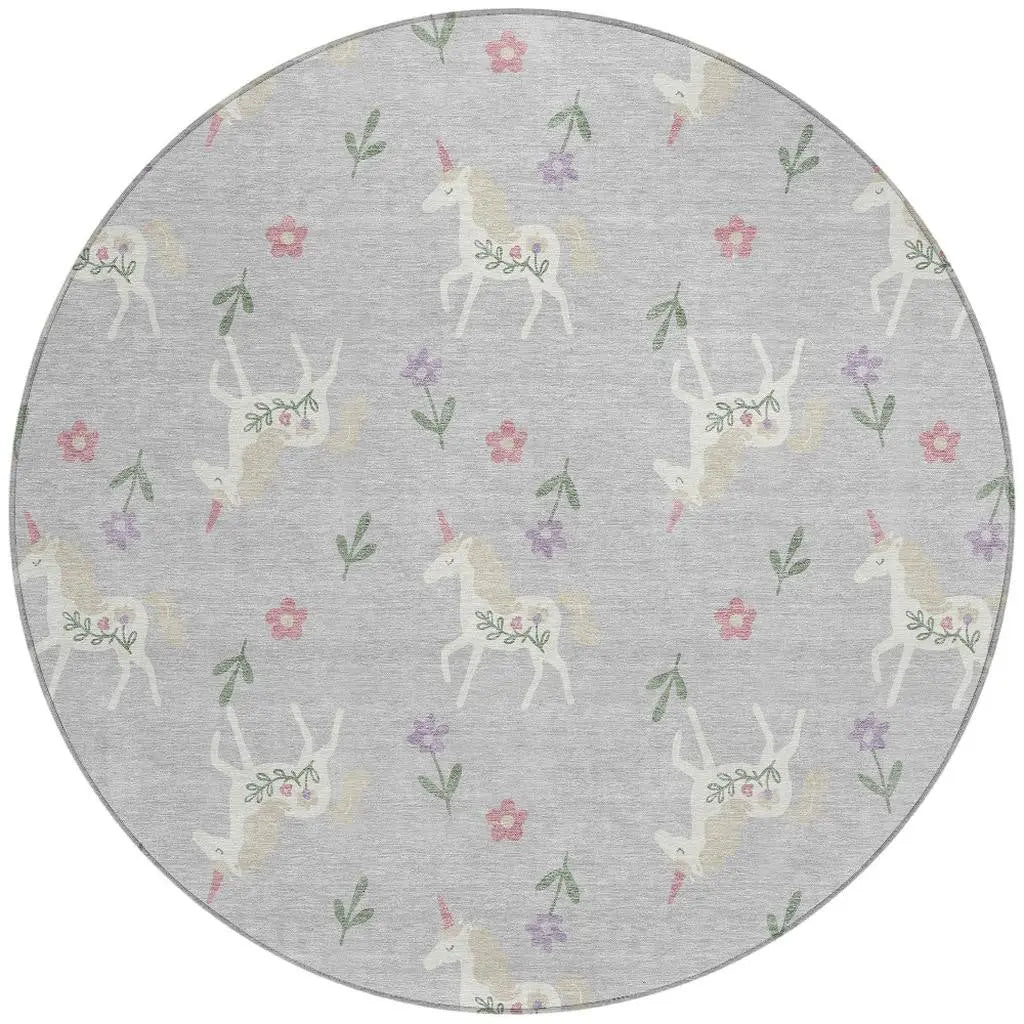 8' Silver And Ivory Round Floral Washable Indoor Outdoor Area Rug Homeroots Outdoor