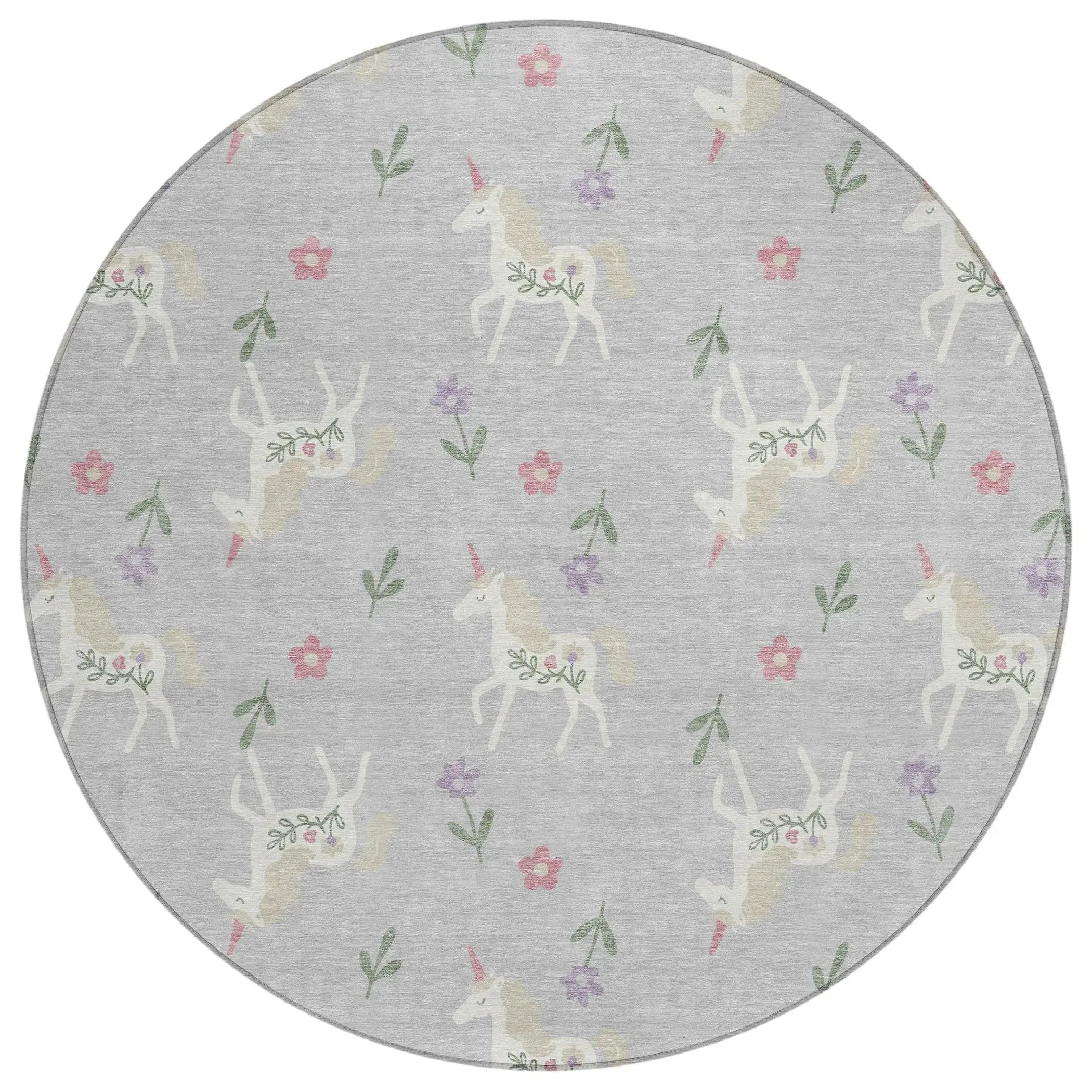 8' Silver And Ivory Round Floral Washable Indoor Outdoor Area Rug Homeroots Outdoor