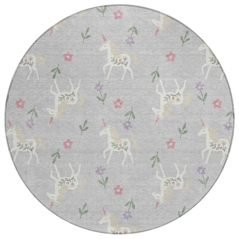 8' Silver And Ivory Round Floral Washable Indoor Outdoor Area Rug Homeroots Outdoor