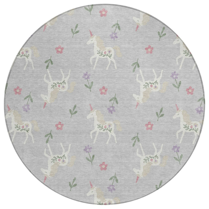 8' Silver And Ivory Round Floral Washable Indoor Outdoor Area Rug Homeroots Outdoor