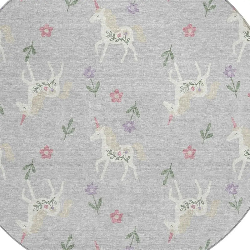 8' Silver And Ivory Round Floral Washable Indoor Outdoor Area Rug Homeroots Outdoor