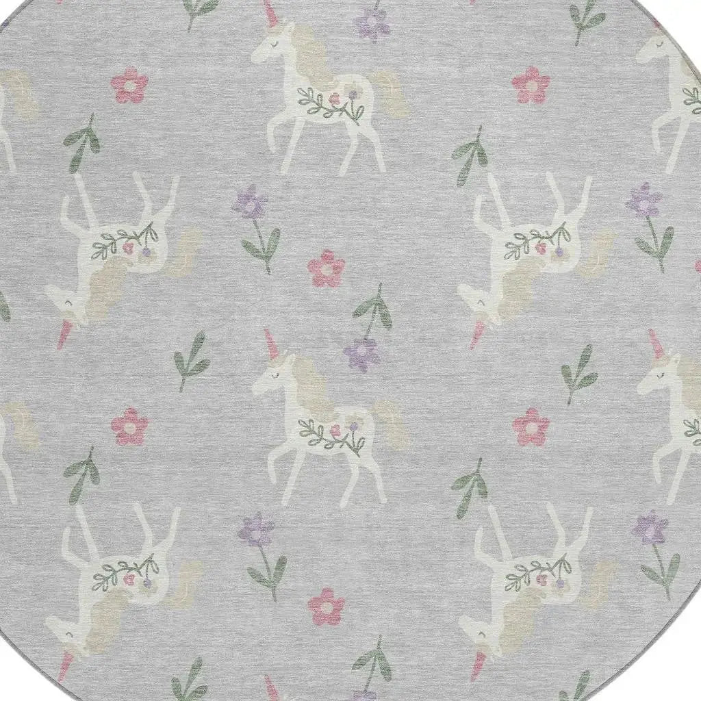 8' Silver And Ivory Round Floral Washable Indoor Outdoor Area Rug Homeroots Outdoor