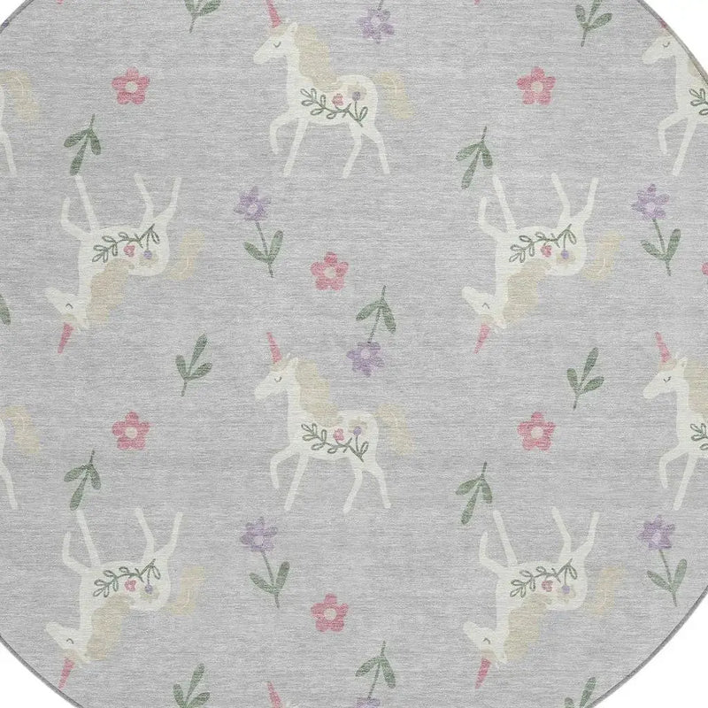 8' Silver And Ivory Round Floral Washable Indoor Outdoor Area Rug Homeroots Outdoor