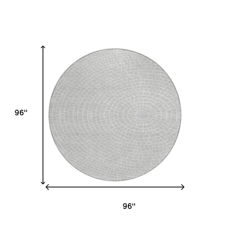 8' Silver And Ivory Round Geometric Washable Indoor Outdoor Area Rug Homeroots Outdoor