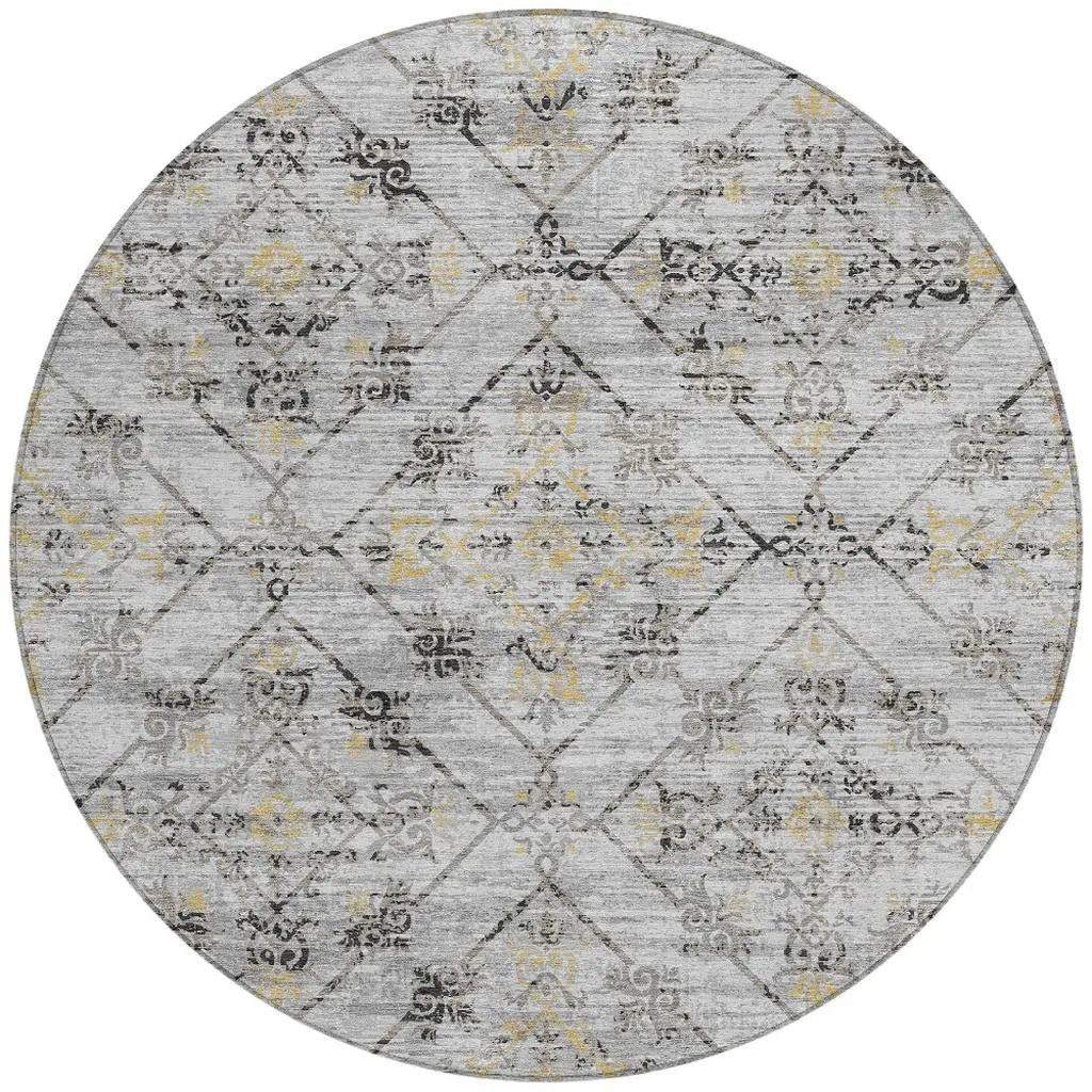 8' Silver And Ivory Round Geometric Washable Indoor Outdoor Area Rug Homeroots Outdoor