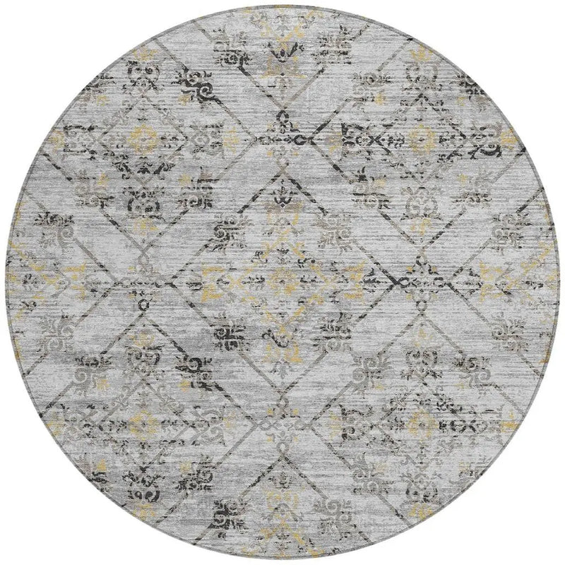 8' Silver And Ivory Round Geometric Washable Indoor Outdoor Area Rug Homeroots Outdoor