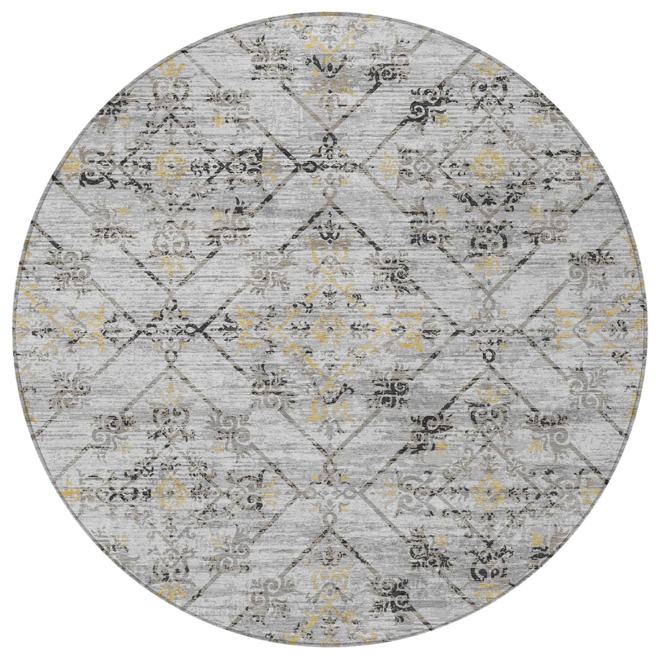8' Silver And Ivory Round Geometric Washable Indoor Outdoor Area Rug Homeroots Outdoor