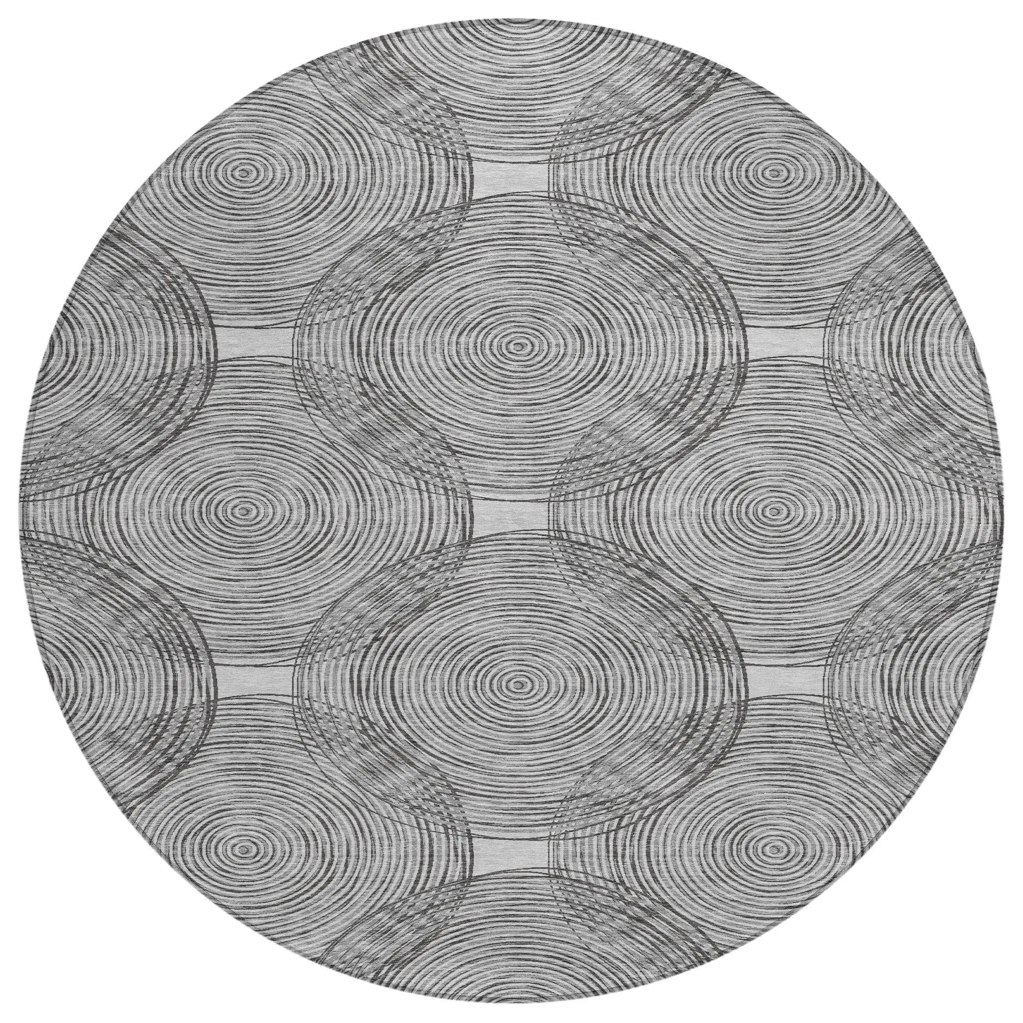 8' Silver And Ivory Round Geometric Washable Indoor Outdoor Area Rug Homeroots Outdoor