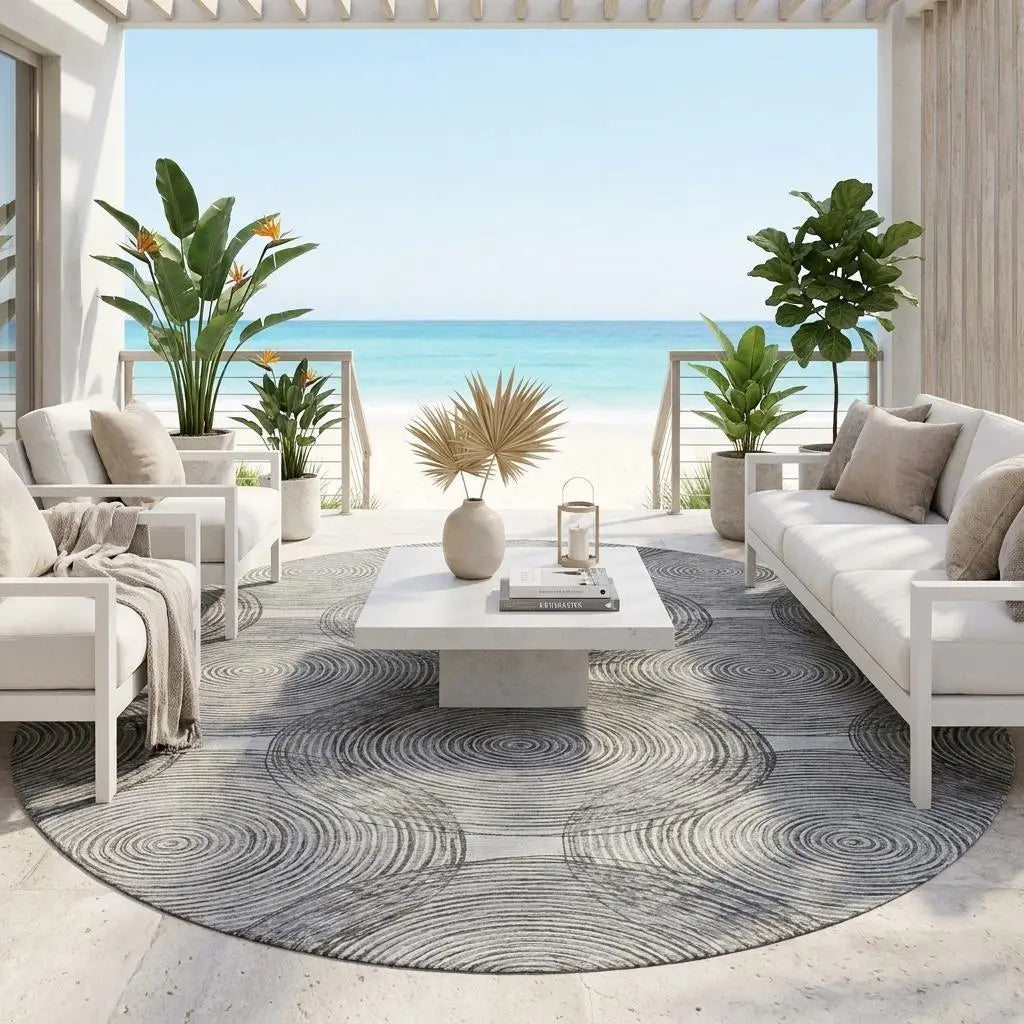 8' Silver And Ivory Round Geometric Washable Indoor Outdoor Area Rug Homeroots Outdoor