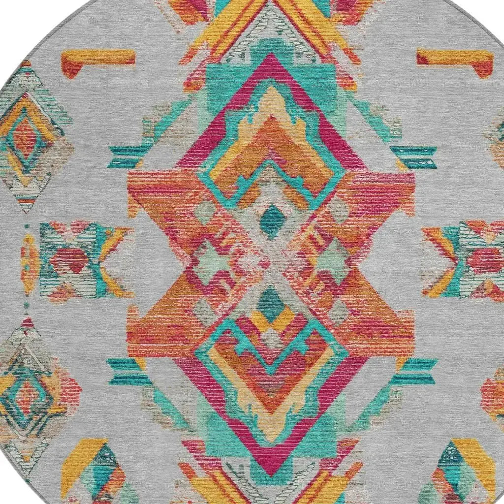 8' Silver And Ivory Round Tribal Washable Indoor Outdoor Area Rug Homeroots Outdoor