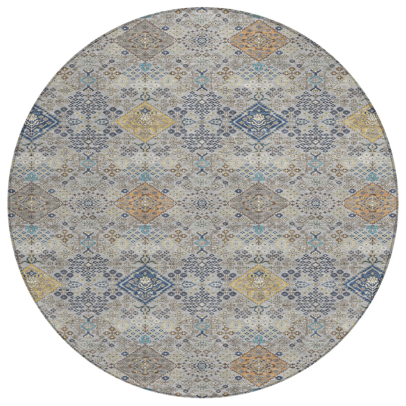 8' Silver And Navy Blue Round Oriental Washable Indoor Outdoor Area Rug Homeroots Outdoor