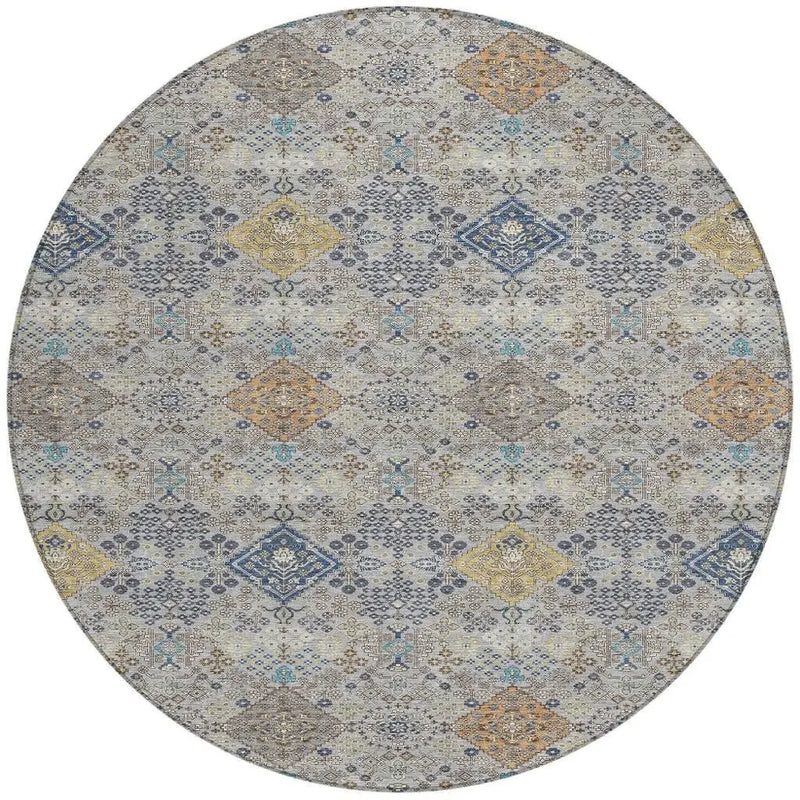 8' Silver And Navy Blue Round Oriental Washable Indoor Outdoor Area Rug Homeroots Outdoor
