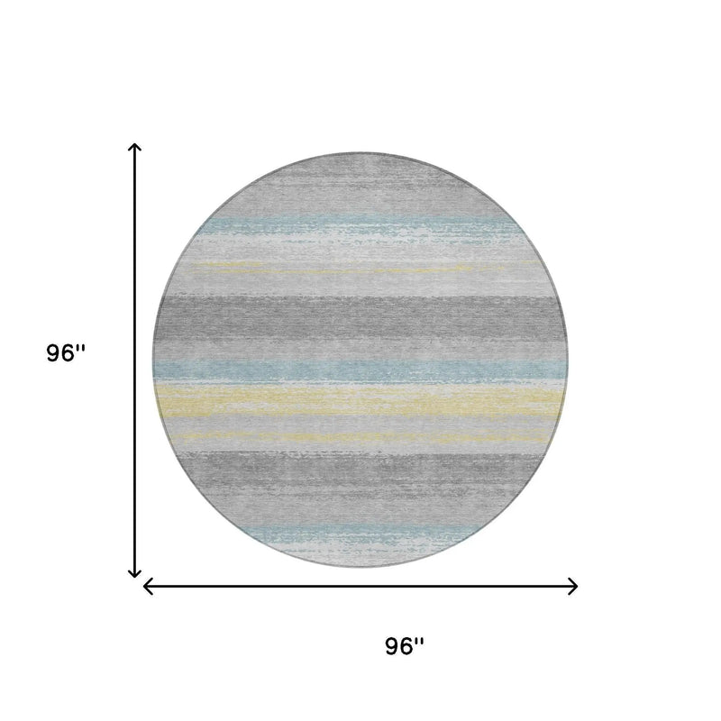 8' Silver And Taupe Round Striped Washable Indoor Outdoor Area Rug Homeroots Outdoor