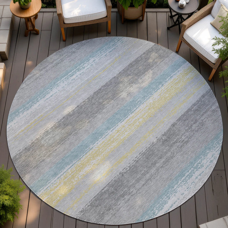 8' Silver And Taupe Round Striped Washable Indoor Outdoor Area Rug Homeroots Outdoor