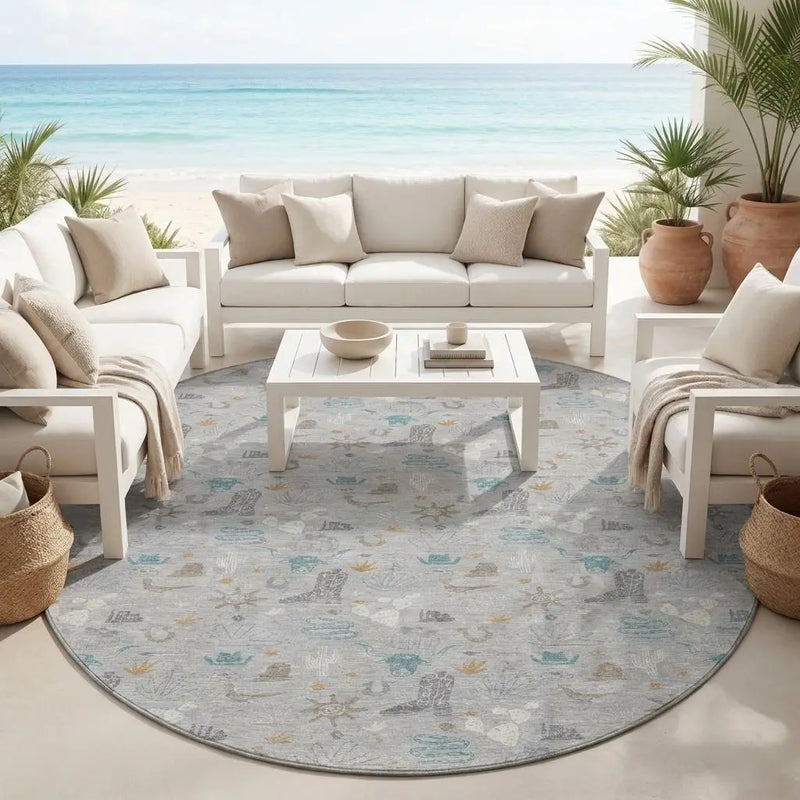 8' Silver And Teal Blue Round Cactus Washable Indoor Outdoor Area Rug Homeroots Outdoor