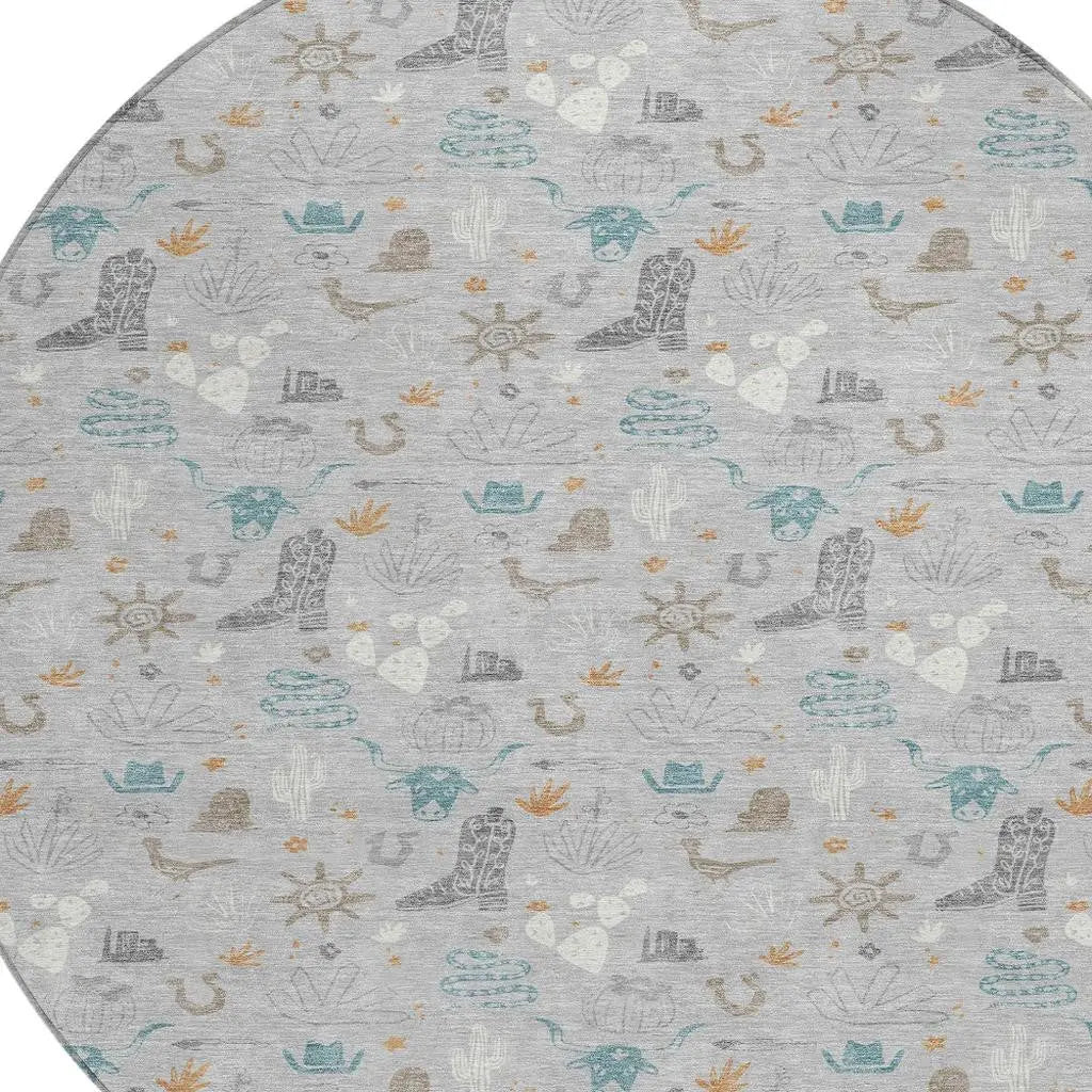 8' Silver And Teal Blue Round Cactus Washable Indoor Outdoor Area Rug Homeroots Outdoor