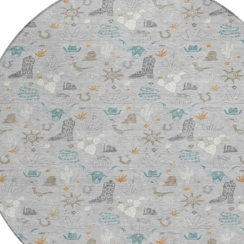 8' Silver And Teal Blue Round Cactus Washable Indoor Outdoor Area Rug Homeroots Outdoor