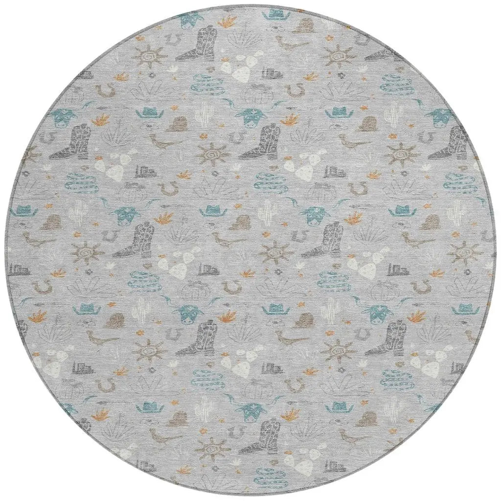 8' Silver And Teal Blue Round Cactus Washable Indoor Outdoor Area Rug Homeroots Outdoor