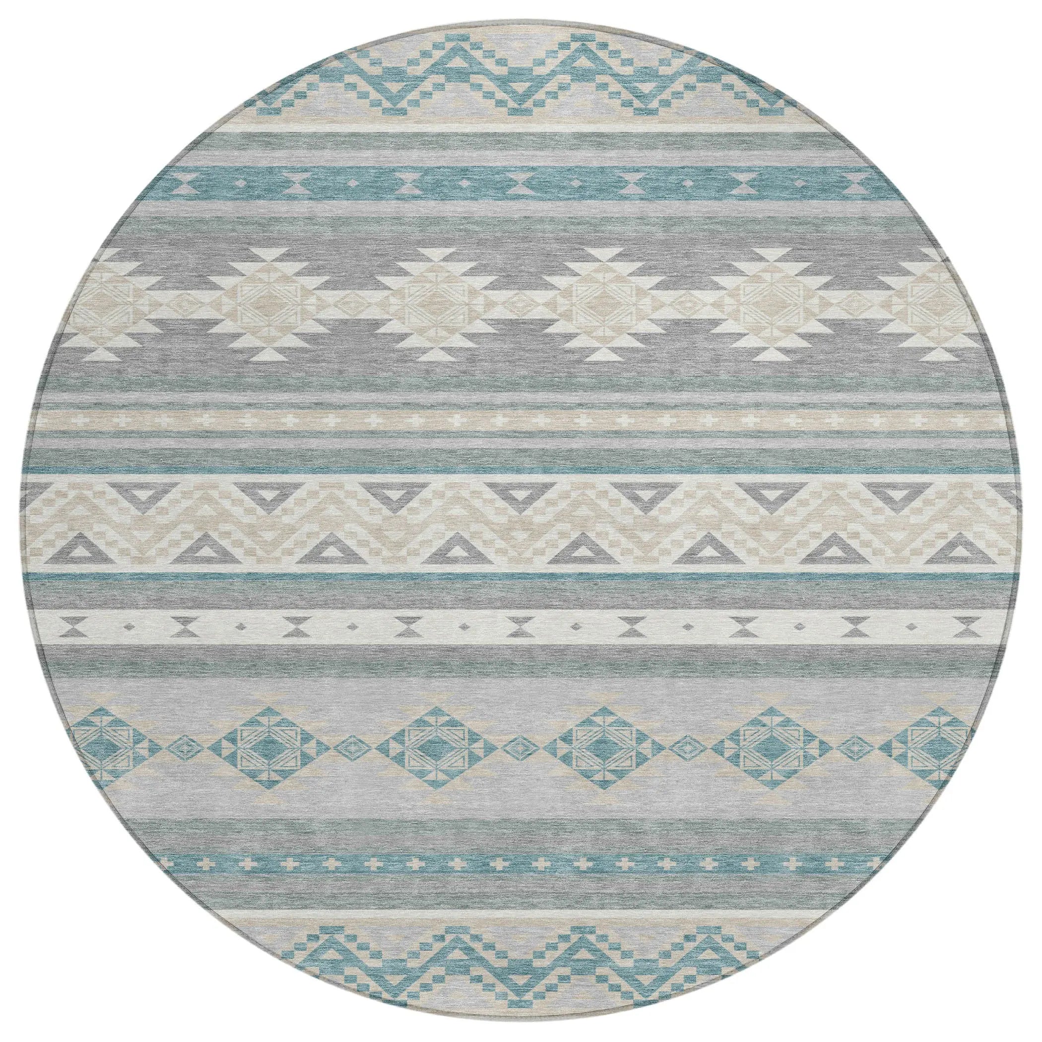 8' Silver And Teal Blue Round Southwestern Washable Indoor Outdoor Area Rug Homeroots Outdoor