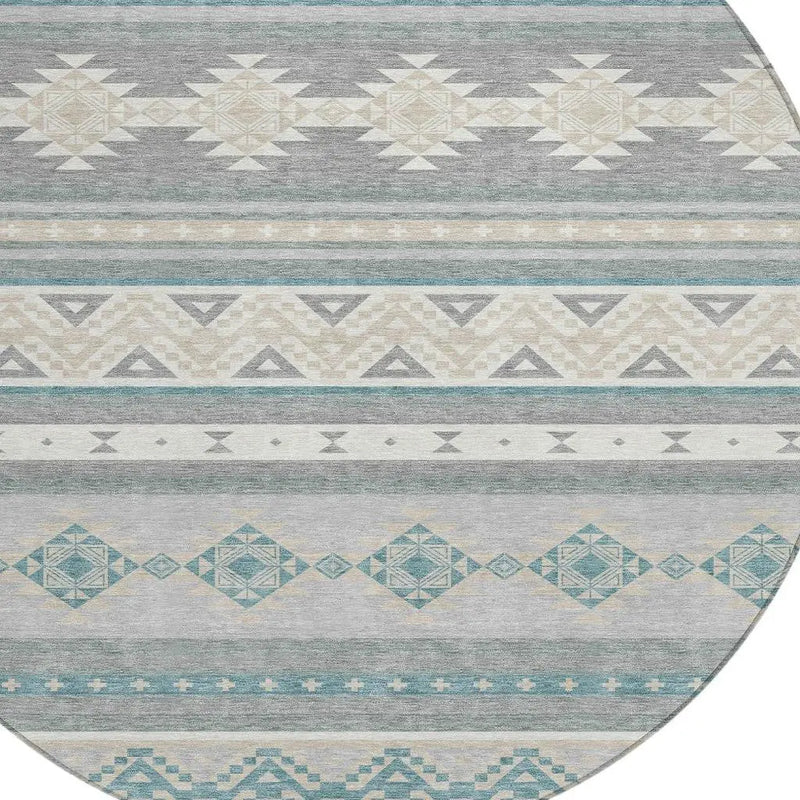 8' Silver And Teal Blue Round Southwestern Washable Indoor Outdoor Area Rug Homeroots Outdoor