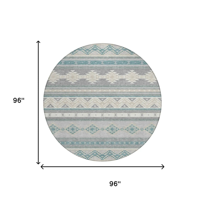 8' Silver And Teal Blue Round Southwestern Washable Indoor Outdoor Area Rug Homeroots Outdoor