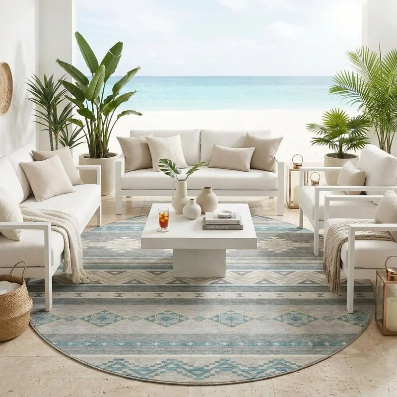 8' Silver And Teal Blue Round Southwestern Washable Indoor Outdoor Area Rug Homeroots Outdoor