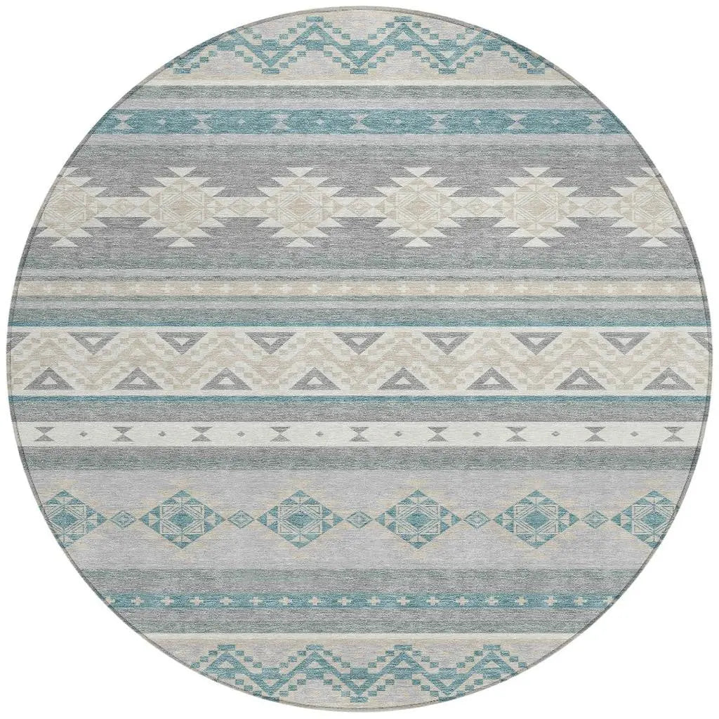 8' Silver And Teal Blue Round Southwestern Washable Indoor Outdoor Area Rug Homeroots Outdoor