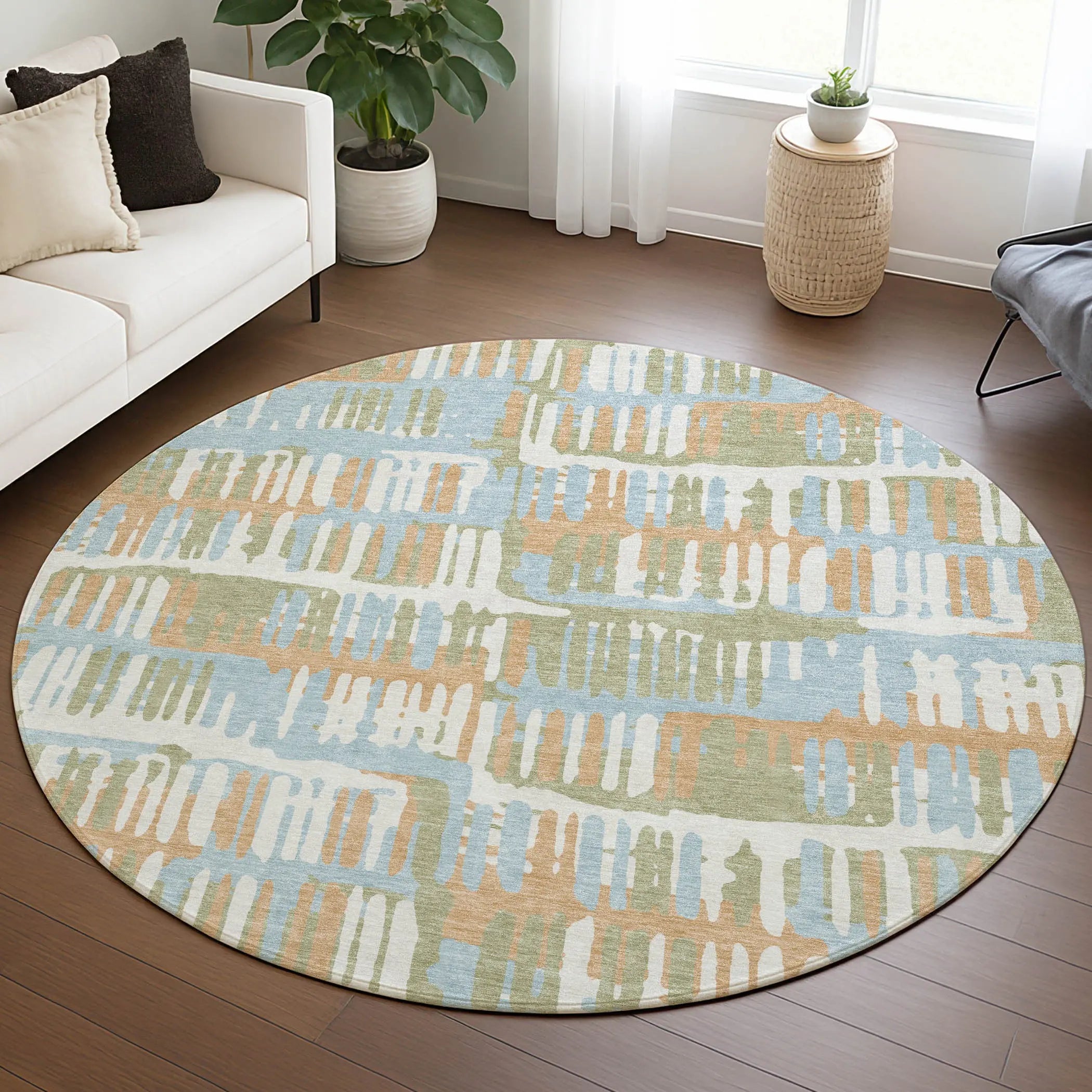 8' Sky Blue And Beige Round Abstract Washable Indoor Outdoor Area Rug Homeroots Outdoor