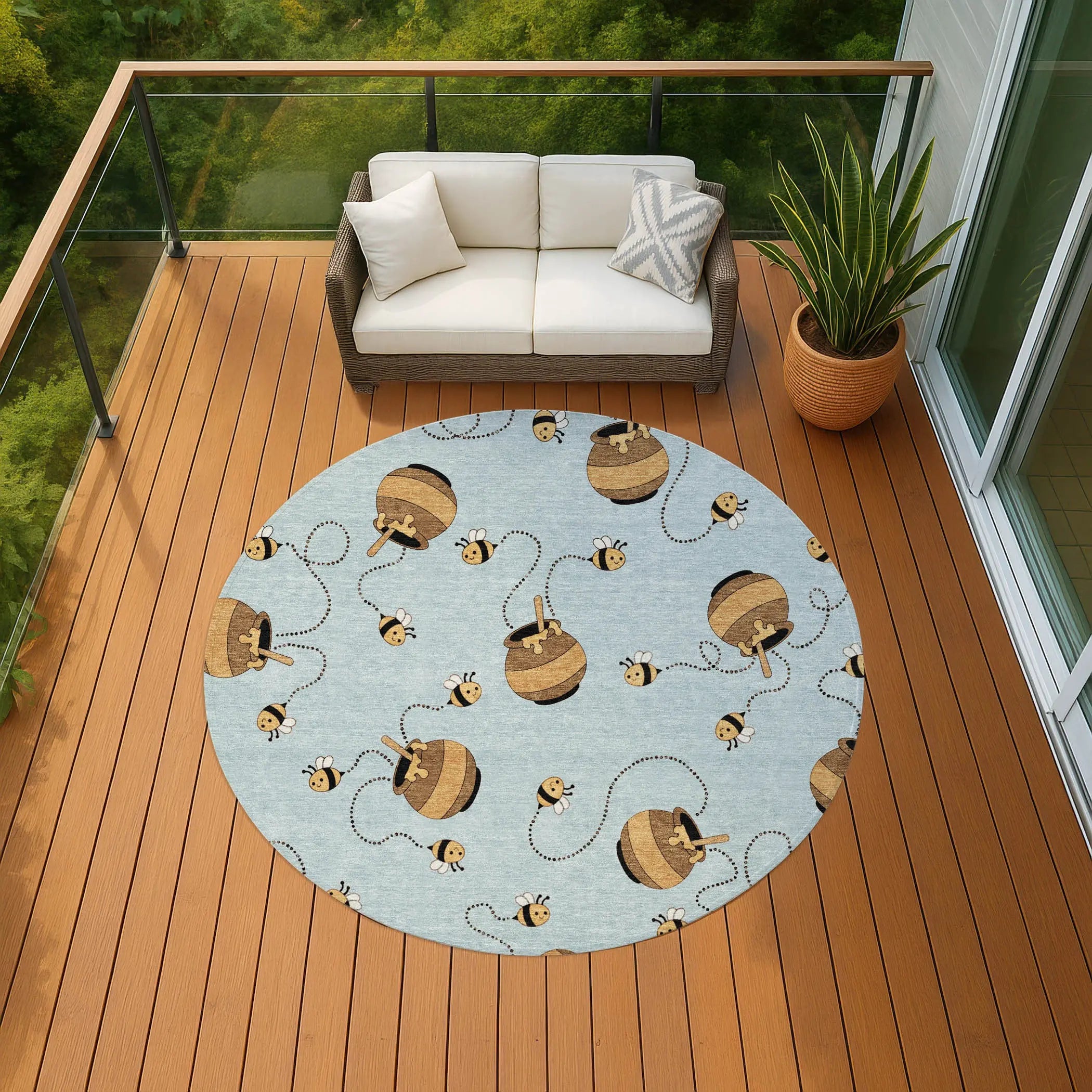 8' Sky Blue And Beige Round Geometric Washable Indoor Outdoor Area Rug Homeroots Outdoor