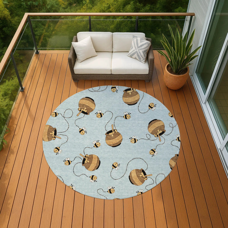 8' Sky Blue And Beige Round Geometric Washable Indoor Outdoor Area Rug Homeroots Outdoor