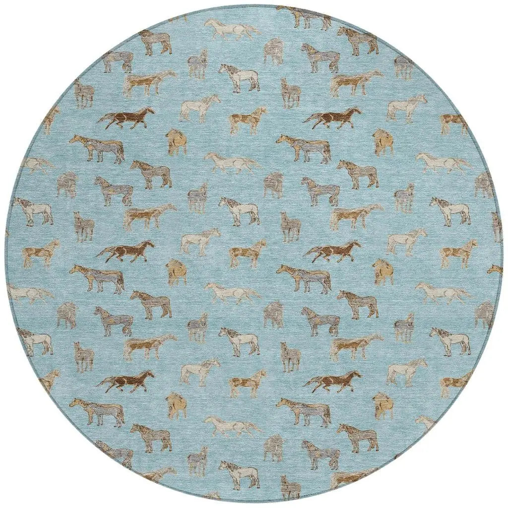 8' Sky Blue And Beige Round Horse Washable Indoor Outdoor Area Rug Homeroots Outdoor