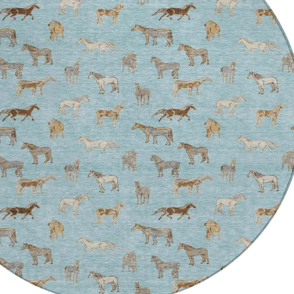 8' Sky Blue And Beige Round Horse Washable Indoor Outdoor Area Rug Homeroots Outdoor