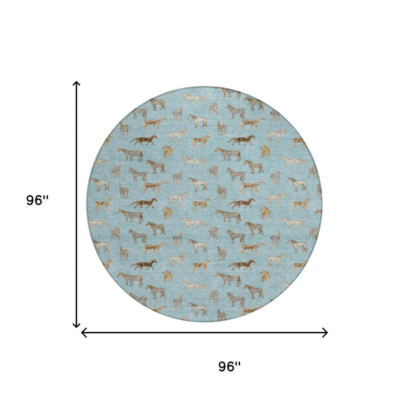 8' Sky Blue And Beige Round Horse Washable Indoor Outdoor Area Rug Homeroots Outdoor