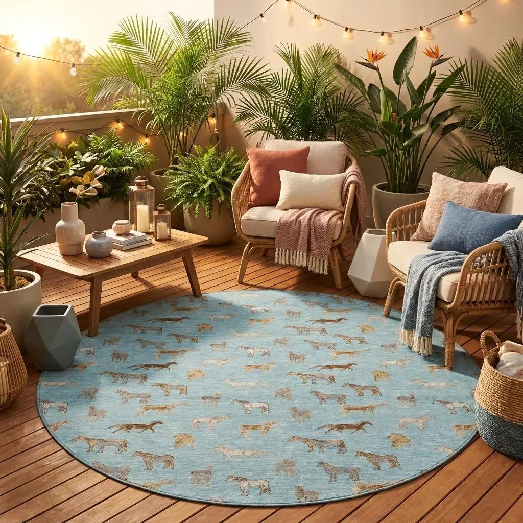 8' Sky Blue And Beige Round Horse Washable Indoor Outdoor Area Rug Homeroots Outdoor
